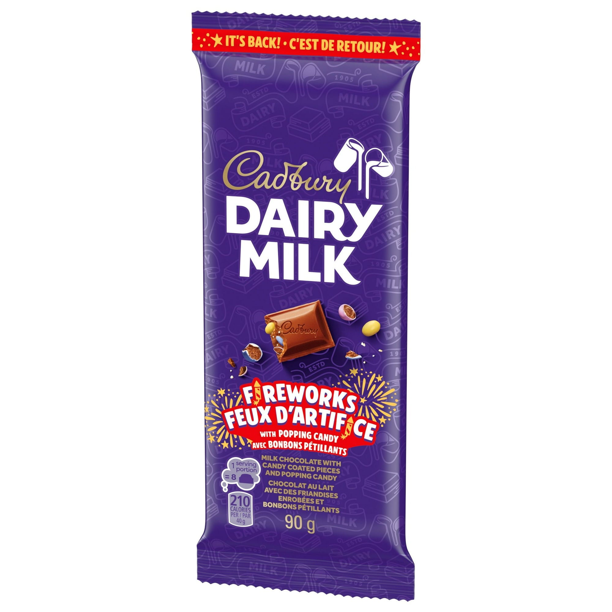 Cadbury Dairy Milk chocolate bar packaging with fireworks design on a white background