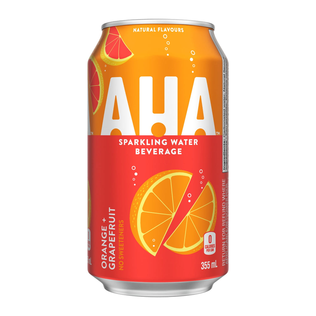 AHA sparkling water beverage can with orange and grapefruit design on a white background
