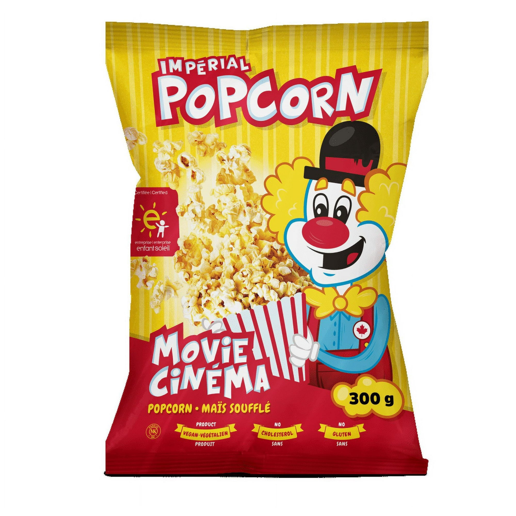Imperial Popcorn 300g packaging with a clown character on a white background