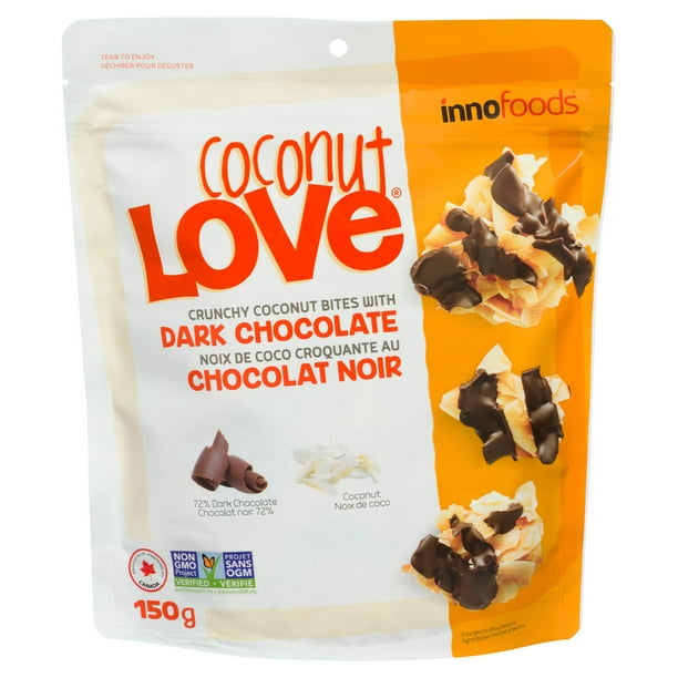 Innofoods Coconut Love, Crunchy Coconut Bites Dark Chocolate, 150g/5.25 oz. Bag, {Imported from Canada}