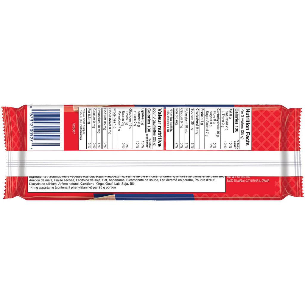 Voortman No Sugar Added Strawberry Flavored Wafers, 250g, back of package.