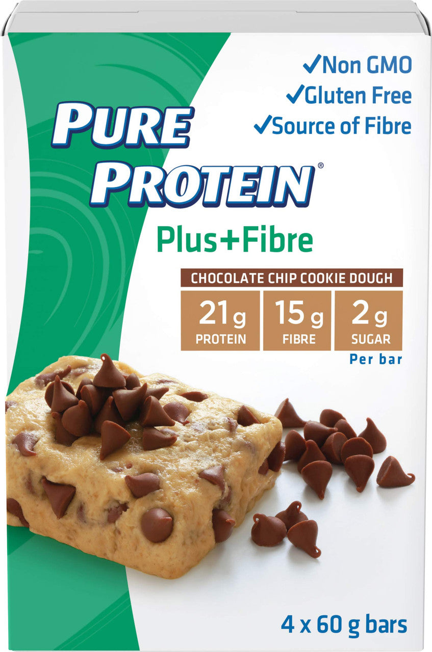 Pure Protein Plus Fibre Bars, Gluten Free, Snack Bar, Chocolate Chip Cookie Dough, 60g, 4ct, {Imported from Canada}