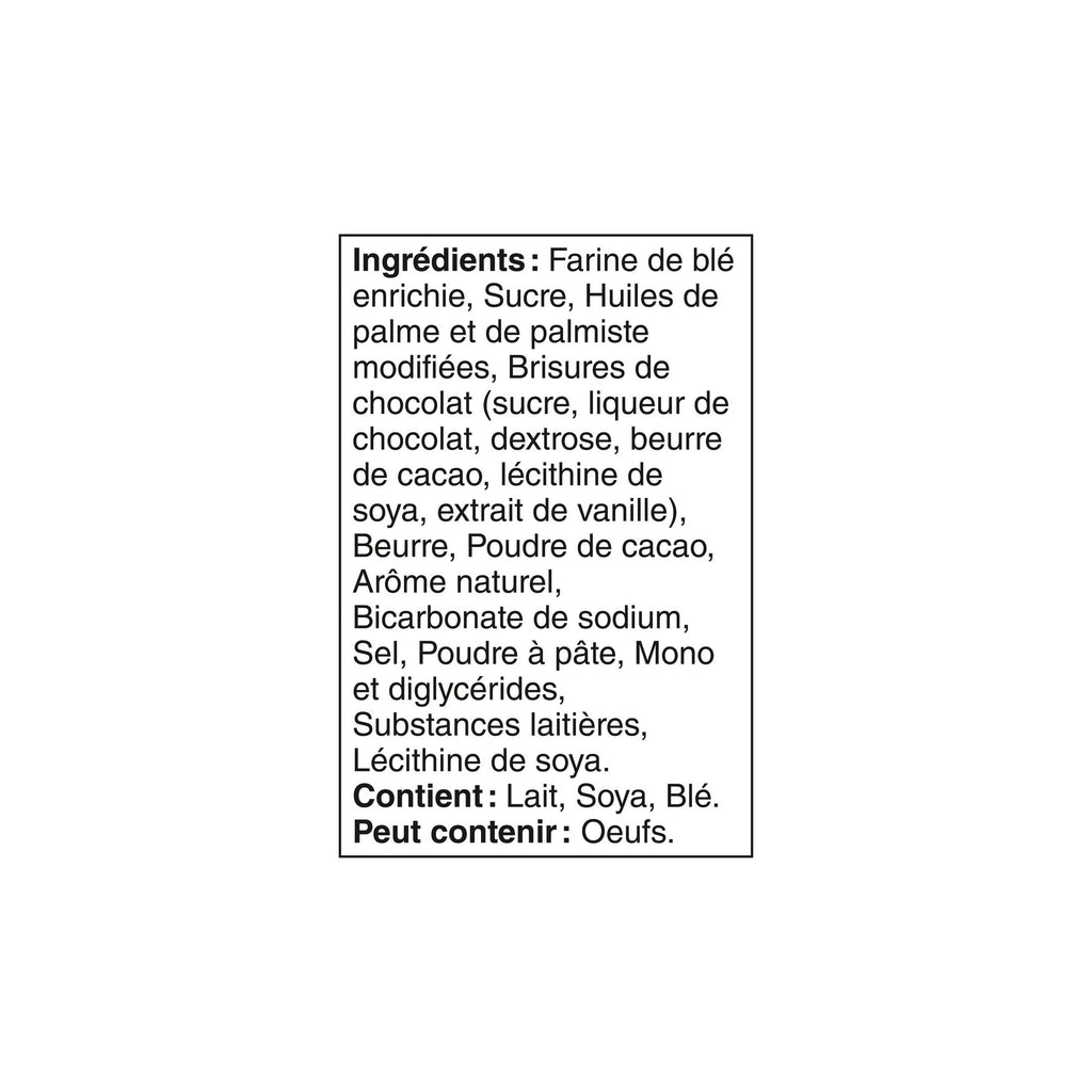 Ingredients list in French for Leclerc Celebration Double Chocolate Mini Cookies, 200g/7.05 oz on a white background