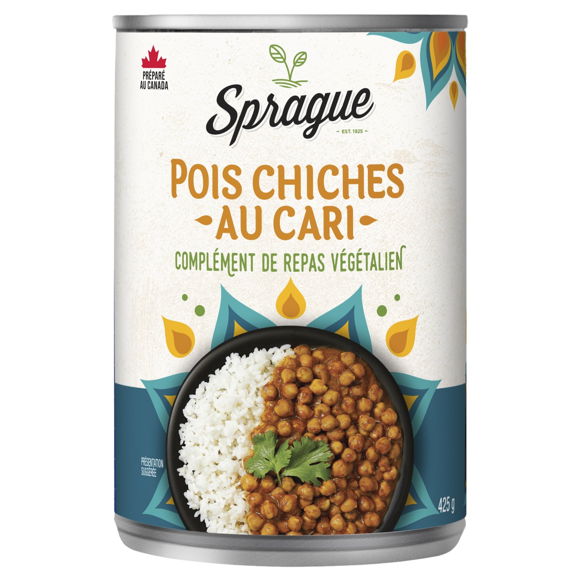 Sprague Vegan Curried Chickpeas, Ready to Eat, 425g/15 oz., Can, front of can.