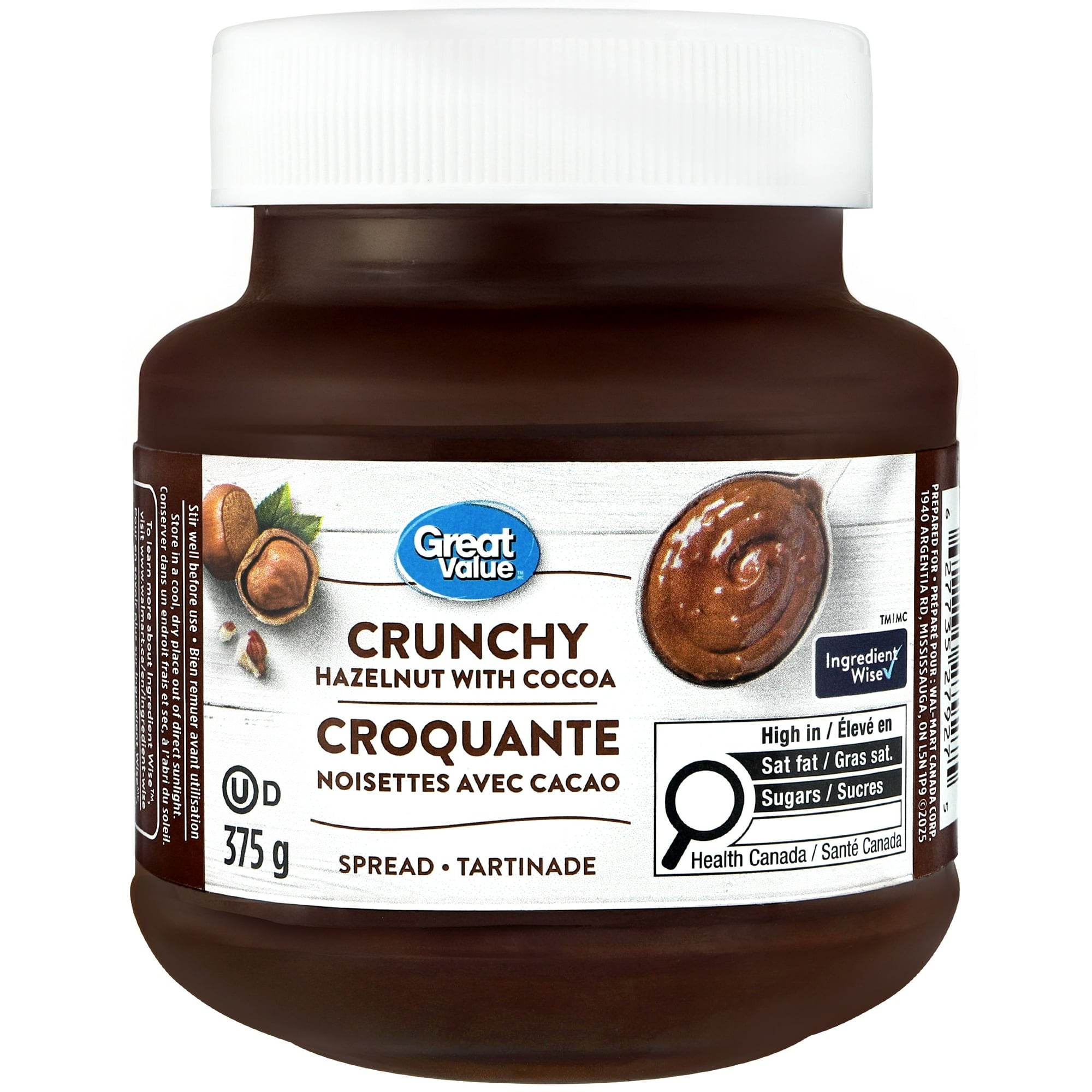 Great Value Crunchy Hazelnut Spread with Cocoa, 375g/13.2 oz - Front of jar of Great Value Crunchy Hazelnut with Cocoa spread on a white background
