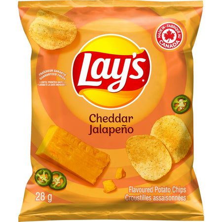 Frito-Lay Chips Variety Pack, Cheesy Mix, (Doritos Zesty Cheese, Lays Cheddar Jalapeno, Cheetos Cheese Puffs & Sun Chips Harvest Cheddar Flavors), (16ct x 28g), 448g, front of Lay's cheddar jalapeno bag.