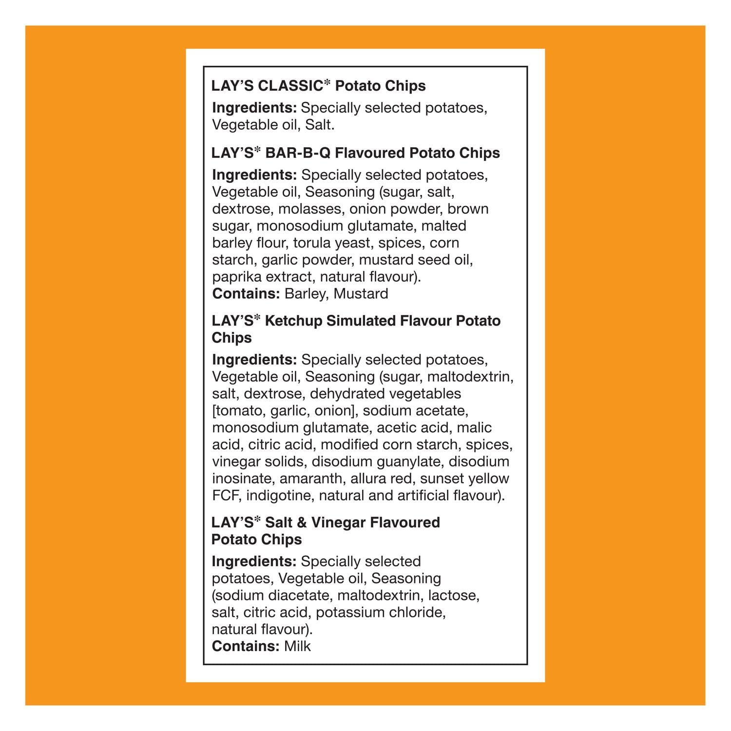 Frito-Lay Chips Variety Pack, Lay's Mix, Classic, BBQ, Ketchup, Salt & Vinegar Flavors (16ct x 28g), 448g, ingredients label.