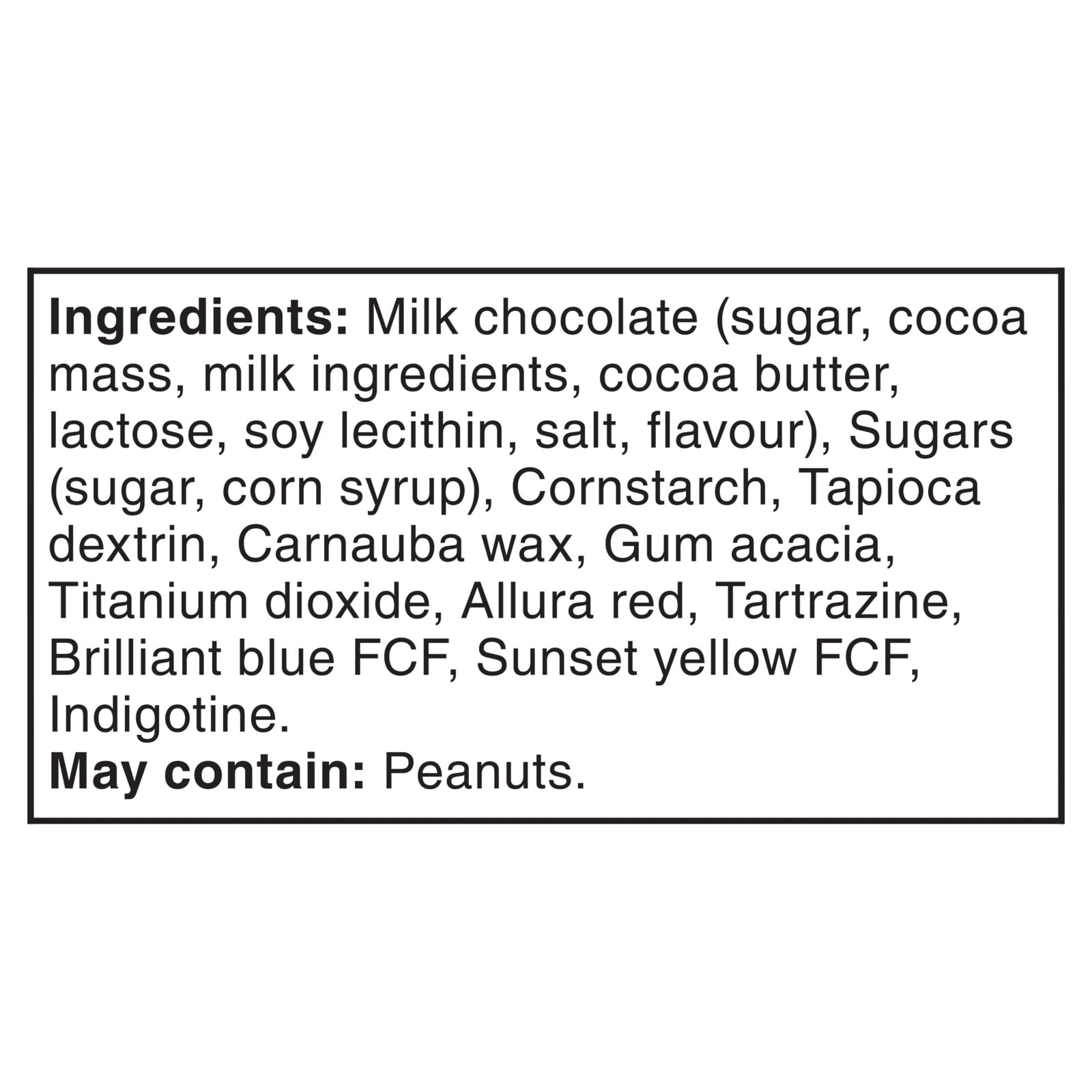 Ingredients label of M&M's Holiday Blend Milk Chocolate Candies, 165g/5.8 oz. Bag