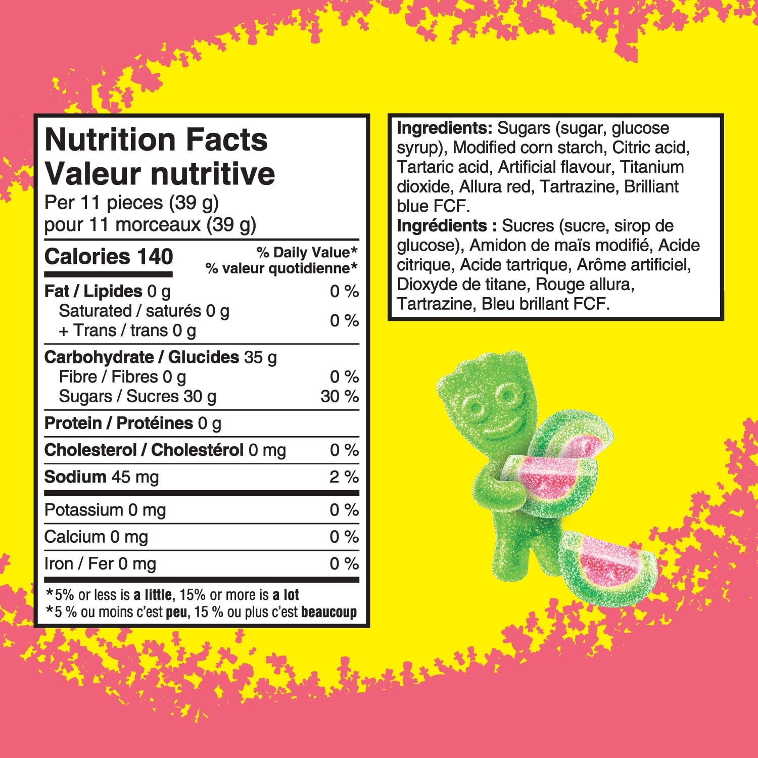 Nutrition facts and ingredients label for Maynards Watermelon Gummy Candy with a green candy character on a yellow background