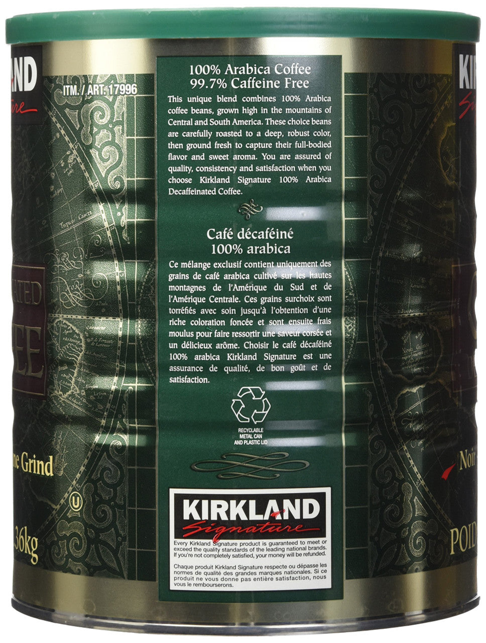 Kirkland Signature Ground Coffee, 1.36kg/3lbs, 100% Decaffeinated