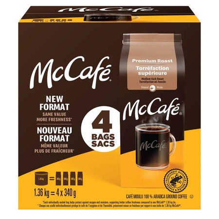 McCafe Premium Roast Medium Dark Roast Ground Coffee 1.36kg package with a cup of coffee on a white background