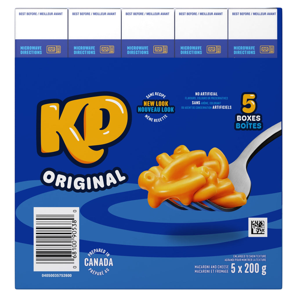 KD Kraft Dinner Original Macaroni and Cheese, 5 Pack, 200g each, 1000g/35.2 oz with blue background and fork holding macaroni.