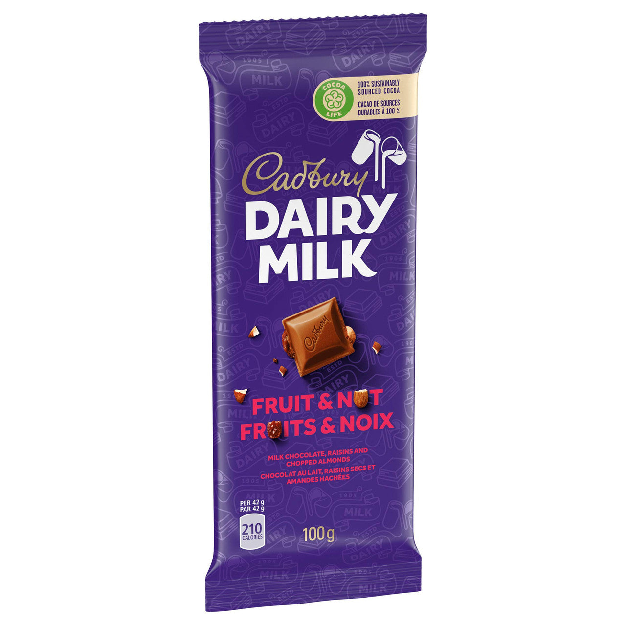 Cadbury Dairy Milk Chocolate Bar, Fruit & Nut Flavour, 100g/3.5oz per Bar, (3 Pack) {Imported from Canada}
