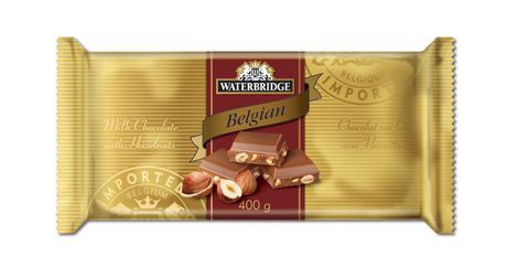 Waterbridge, Belgium, MILK CHOCOLATE WITH HAZELNUTS, 400 g/14.1 oz Bar, {Imported from Canada}
