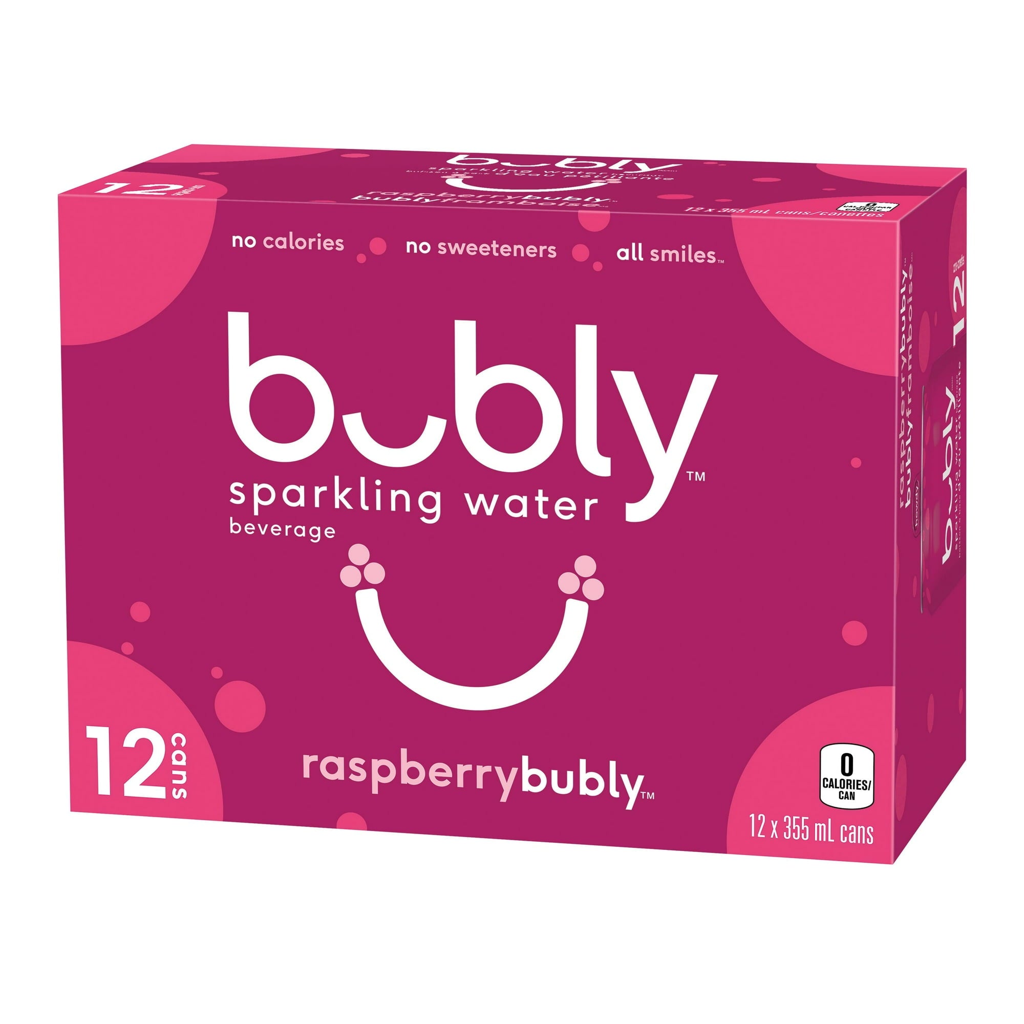 Angle of Bubly Raspberry Sparkling Water Beverage, 12x355ml cans, 4.26L/144 oz