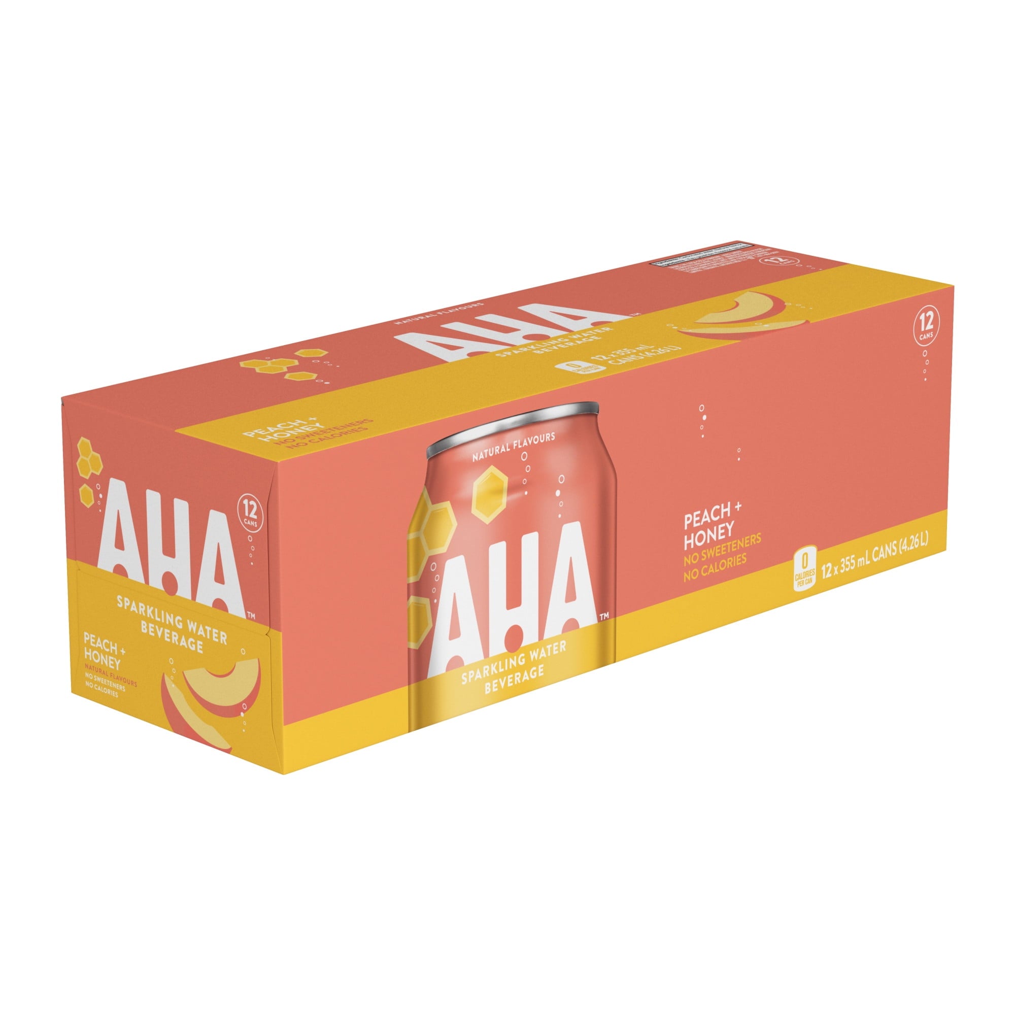 Box of AHA Peach Honey sparkling water on a white background