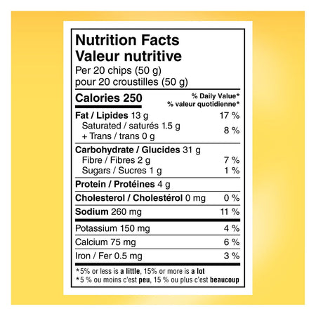 Nutrition facts label for Doritos Ultimate Garlic Parm Flavored Tortilla Chips, 210g bag on a yellow background