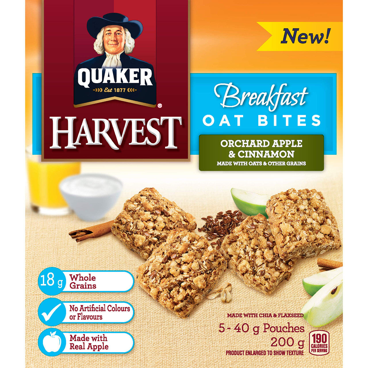 Quaker Breakfast Oat Bites, 5 x 40g Pouches, Orchard Apple & Cinnamon, 200g/7.1oz Box, {Imported from Canada}