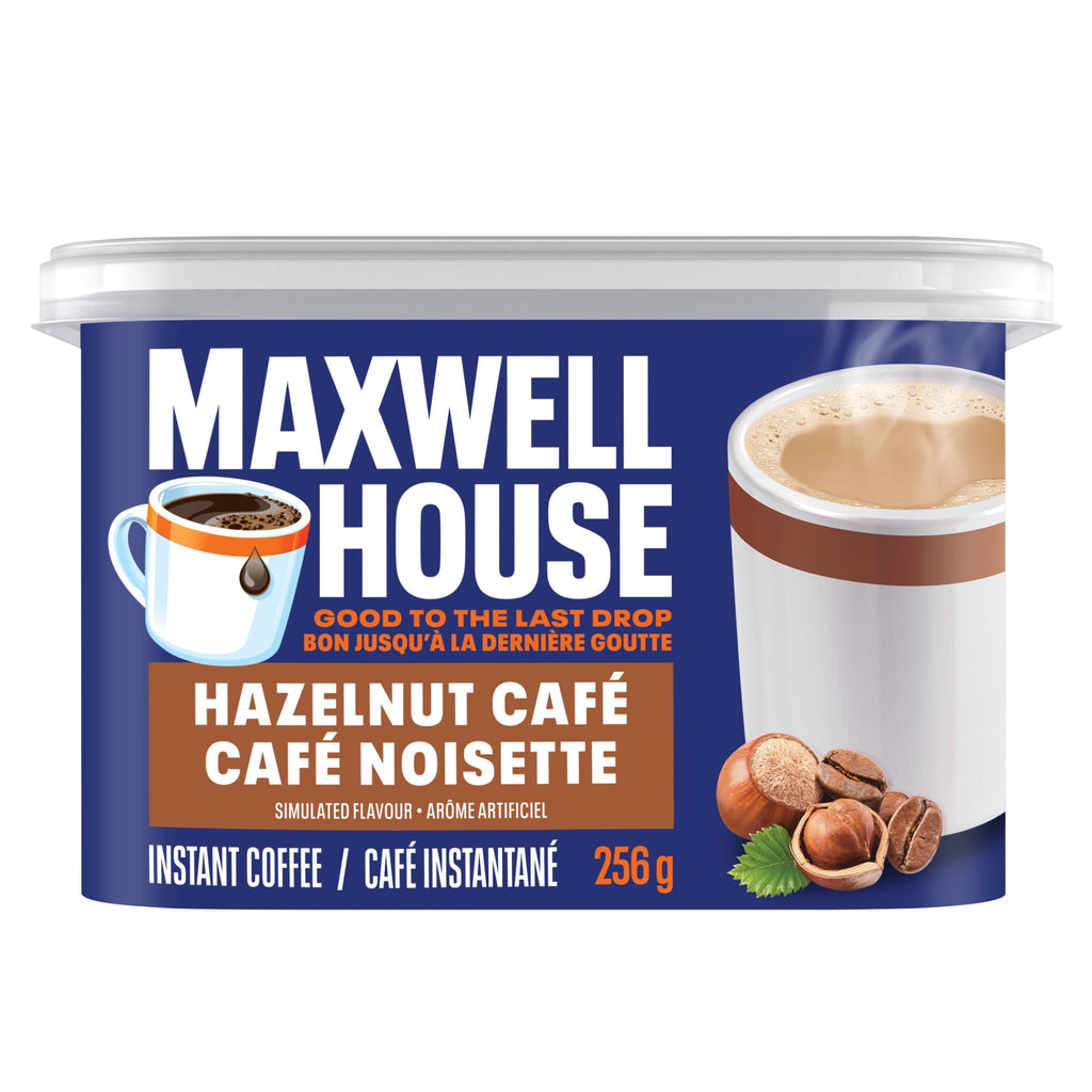 Maxwell House Hazelnut Café instant coffee container on a white background