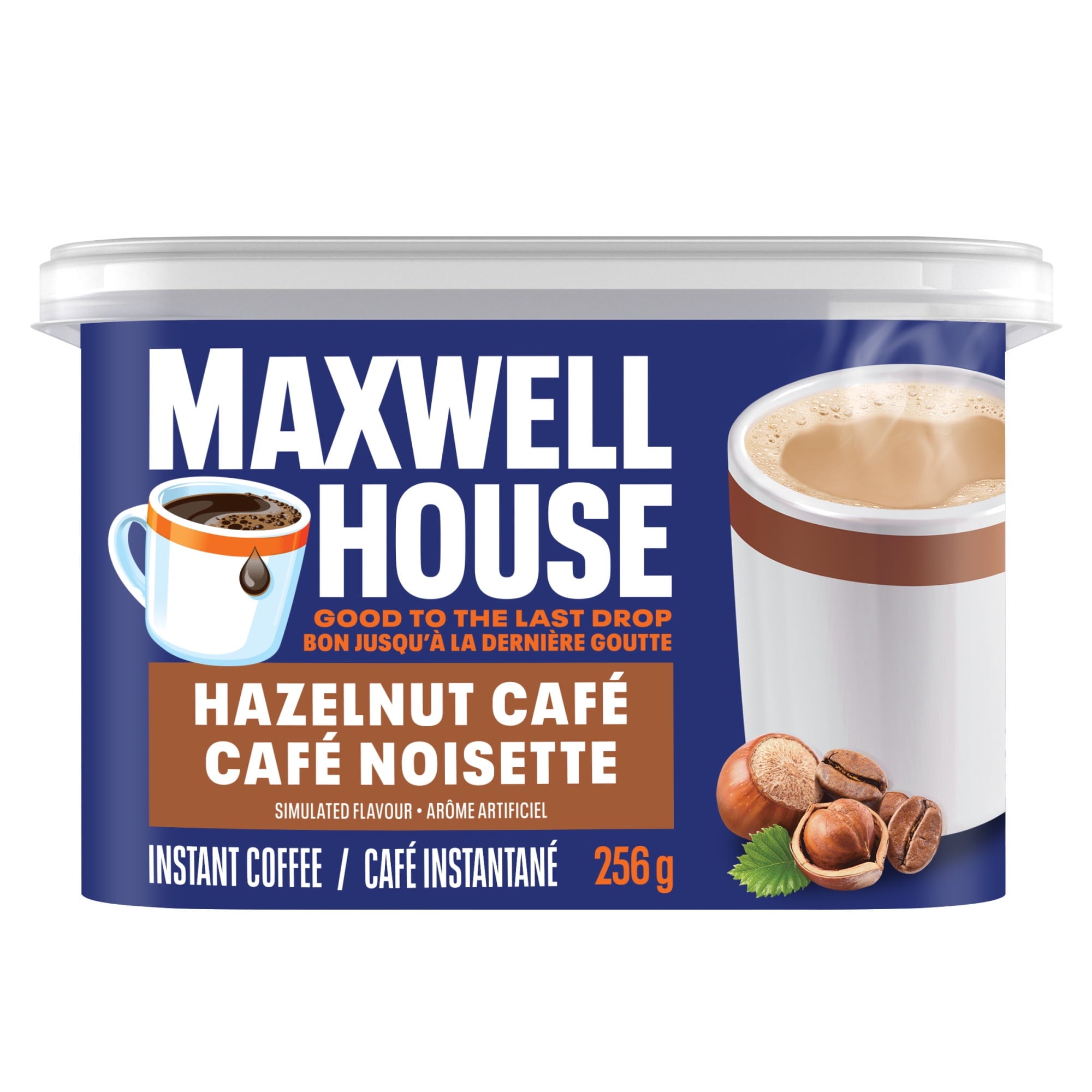 Maxwell House Hazelnut Café instant coffee container on a white background