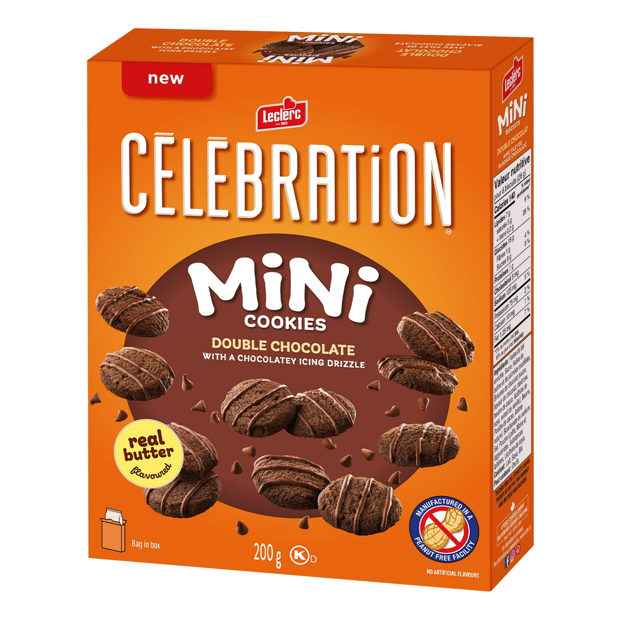 Box of Lecerci Celebration Mini Cookies with chocolate drizzle on an orange background