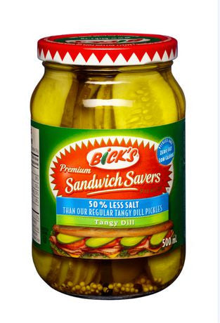 Bick's 50% Less Salt Sandwich Savers Jar of Pickles, 500ml/16.9 oz, {Imported from Canada}