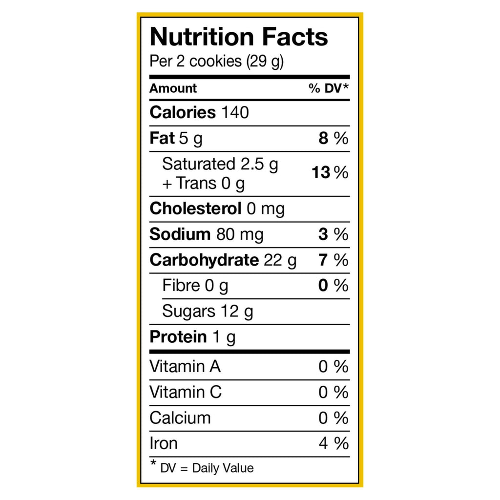 Nutrition facts for Leclerc Celebration Maple Leaf Creme Cookies, 350g/12.3 oz o a white background