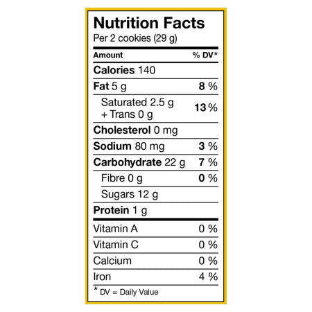 Nutrition facts for Leclerc Celebration Maple Leaf Creme Cookies, 350g/12.3 oz o a white background