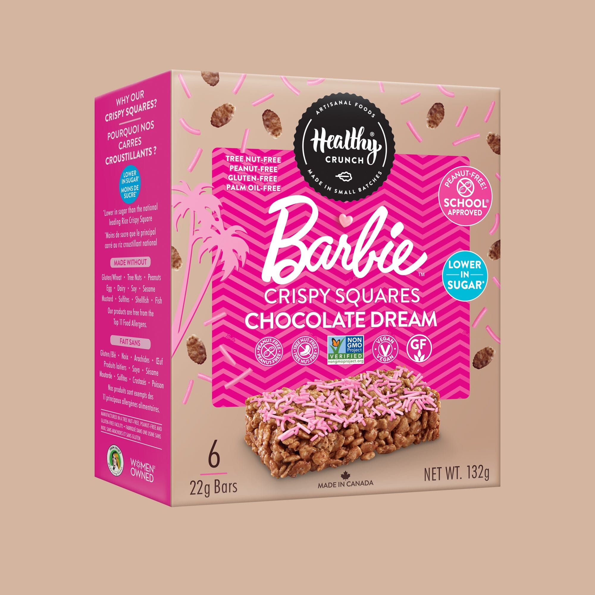 Box of Healthy Crunch Barbie Crispy Squares Chocolate Dream on a beige background