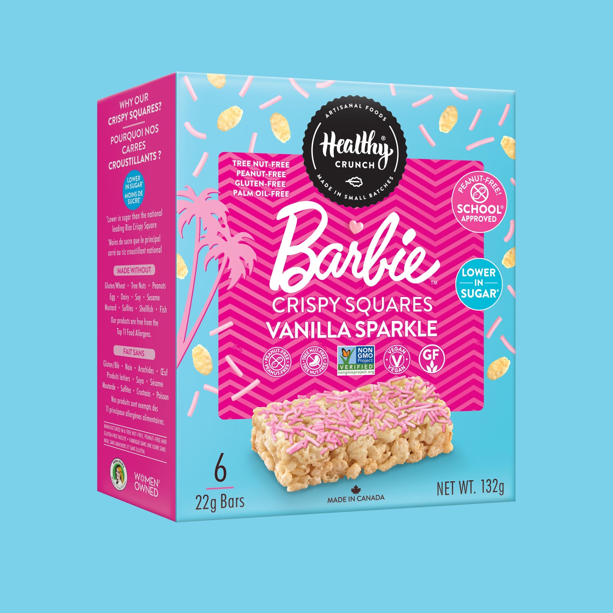 Box of Healthy Crunch Barbie Crispy Squares Vanilla Sparkle on a blue background