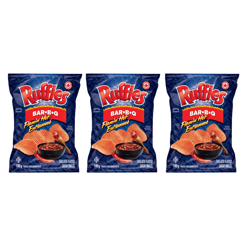 Ruffles Flamin' Hot Bar-B-Q Potato Chips 190g/6.7oz, 3-Pack {Imported from Canada}