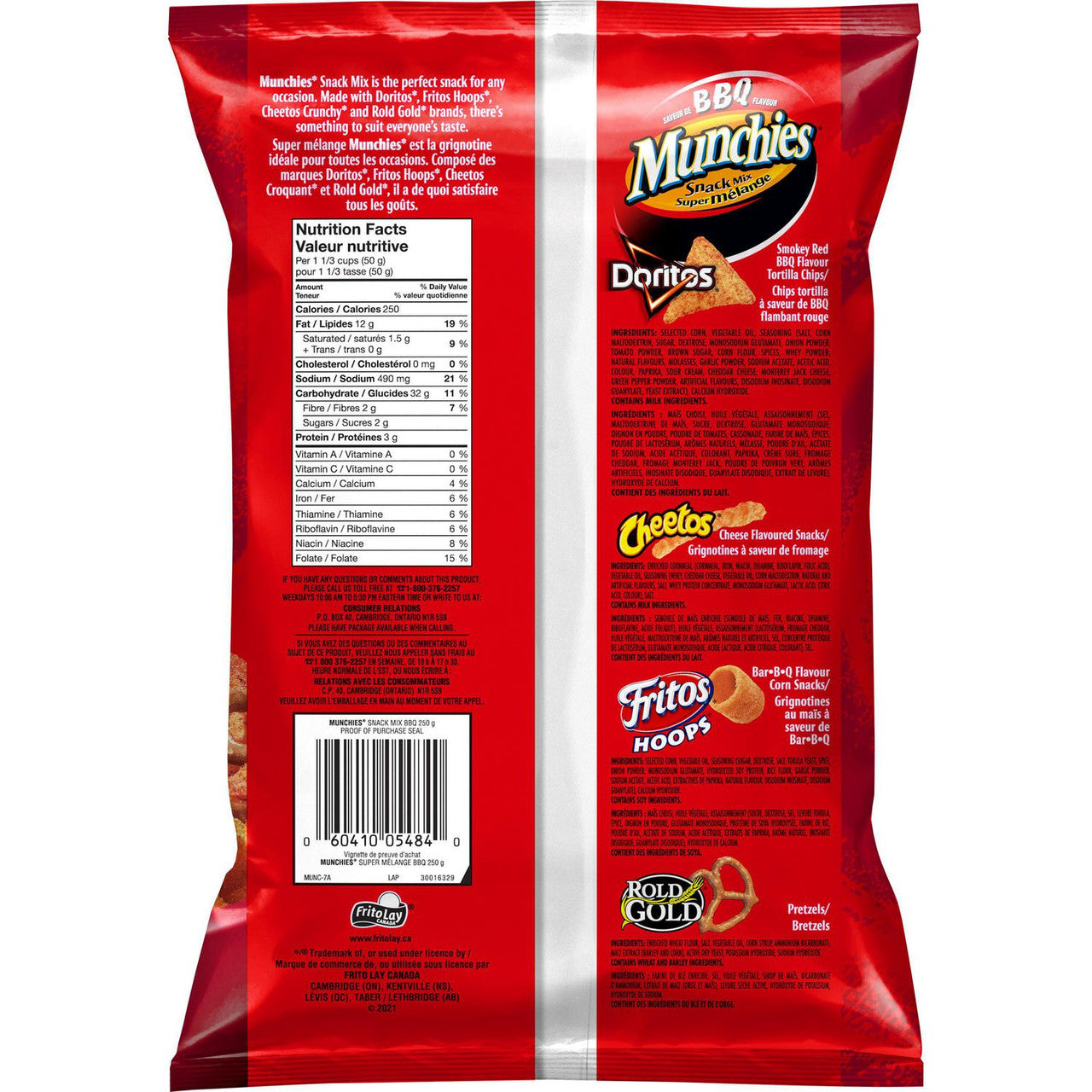 Munchies BBQ Snack Mix, Doritos, Cheetos, Fritos Hoops & Rold Gold, 250g/8.75 oz., {Imported from Canada}