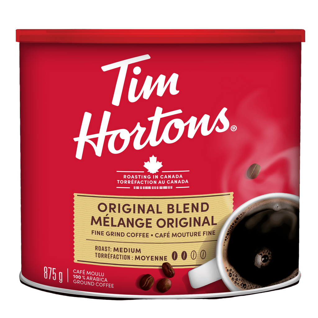 Tim Hortons coffee can with a cup of coffee on a red background