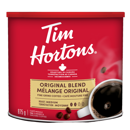 Tim Hortons coffee can with a cup of coffee on a red background