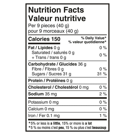 Nutrition facts label of Maynards Fuzzy Peach Candy - 2 Pack (355g / 12.5 oz) - Made with Real Fruit Juice