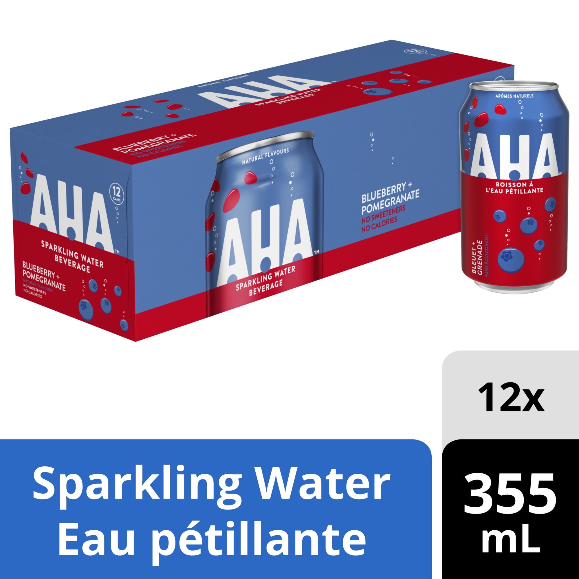 AHA sparkling water beverage packaging with a can and a box on a white background