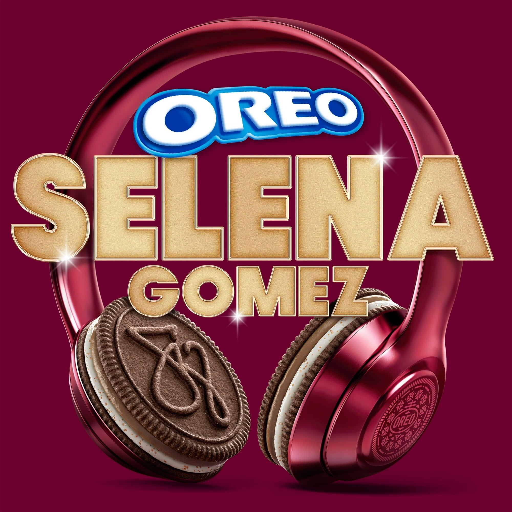 Oreo SELENA GOMEZ Chocolate & Cinnamon Creme Sandwich Cookies, 303g/10.6 oz - OREO Selena Gomez cookie with headphones on a purple background