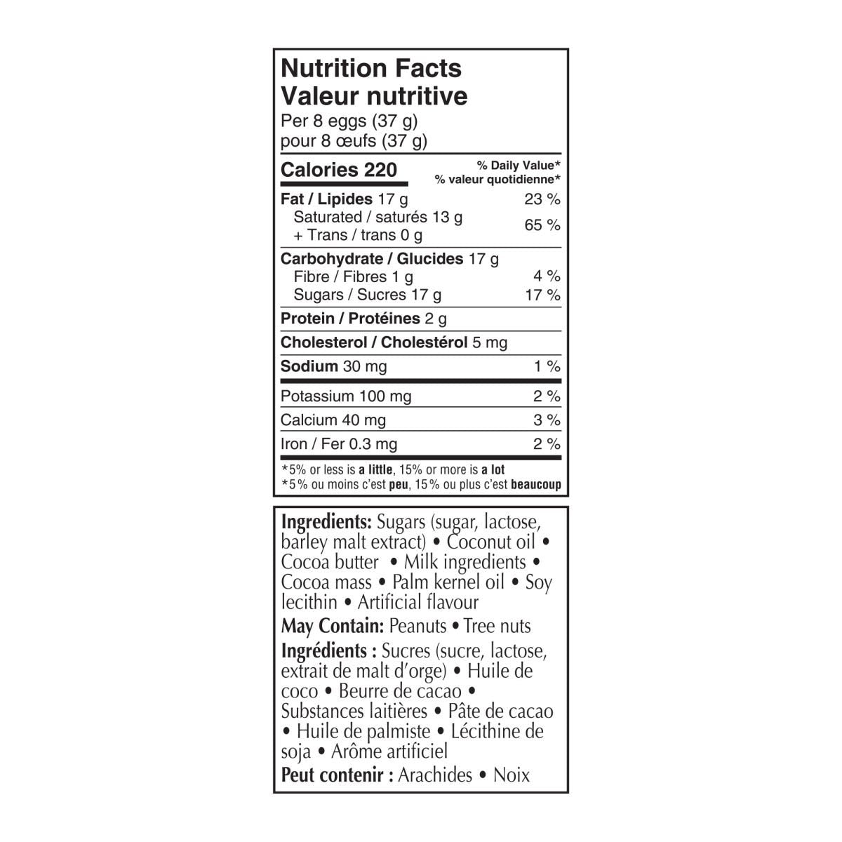 Lindt Lindor Milk Chocolate Eggs, 100g/3.5 oz. - Nutrition Facts And Ingredients Label
