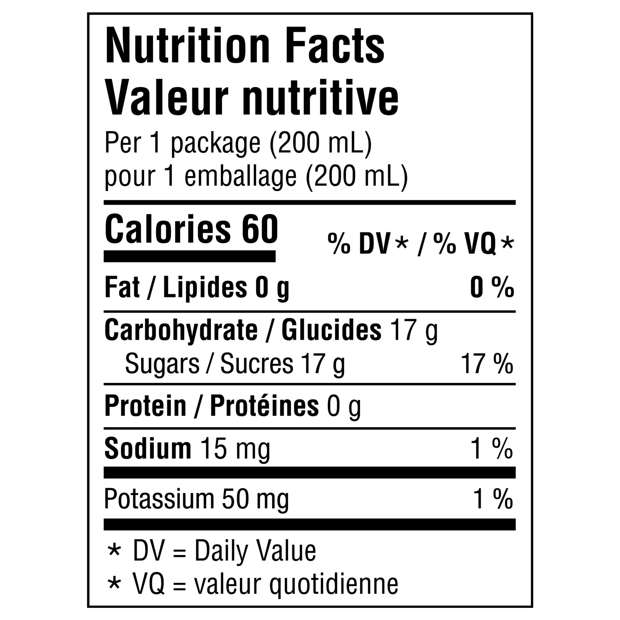 Nutrition facts label for Fuze Iced Tea Juice Boxes, 10x200ml, 2L/70.5 fl oz with specific calorie count, carbohydrate content, and other nutritional details.
