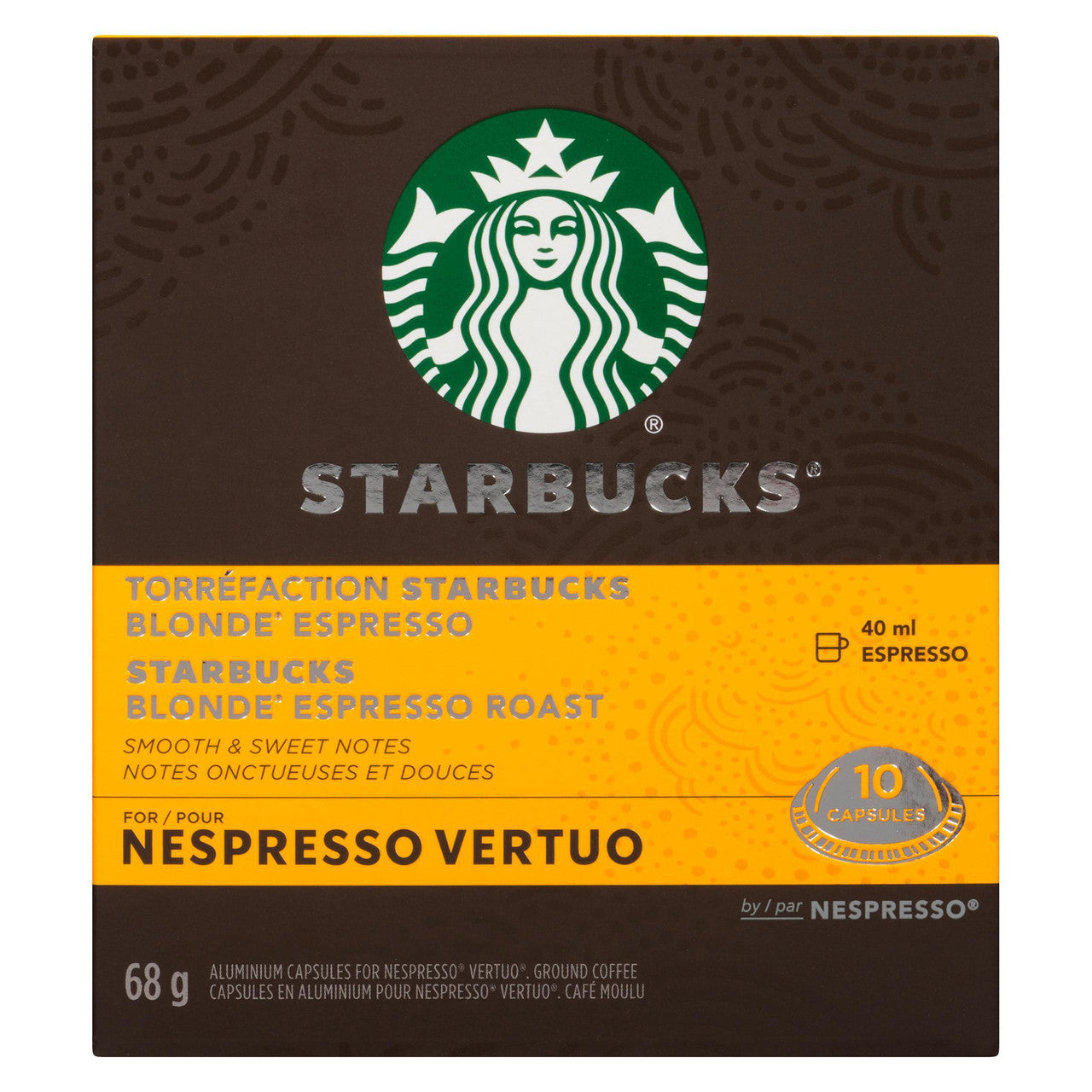 Starbucks Blonde Espresso Roast Coffee, Capsules for Nespresso Vertuo, 10 count, 68g/2.4 oz. Box {Imported from Canada}