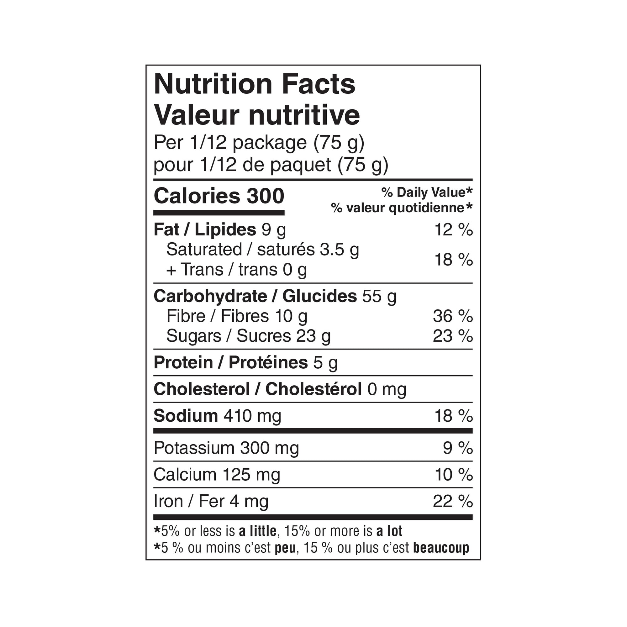 Nutrition facts for Great Value Bran Muffin Mix, Makes 24 Muffins - 900g on a white background