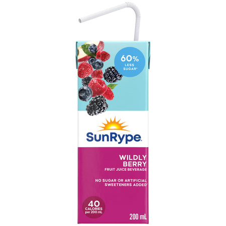 SunRype Wildly Berry Juice Boxes Perfect For On-The-Go, 60% Less Sugar, 5x200ml/33.8 fl. oz. - Front Of One Juice Box