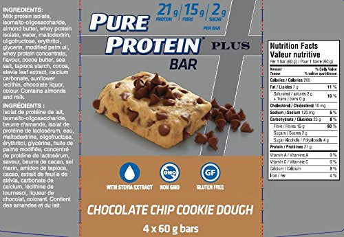 Pure Protein Plus Fibre Bars, Gluten Free, Snack Bar, Chocolate Chip Cookie Dough, 60g, 4ct, {Imported from Canada}