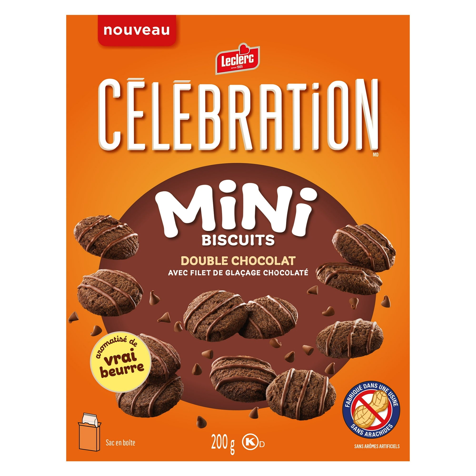 Box of Leclerc Celebration Mini Biscuits Double Chocolat on an orange background