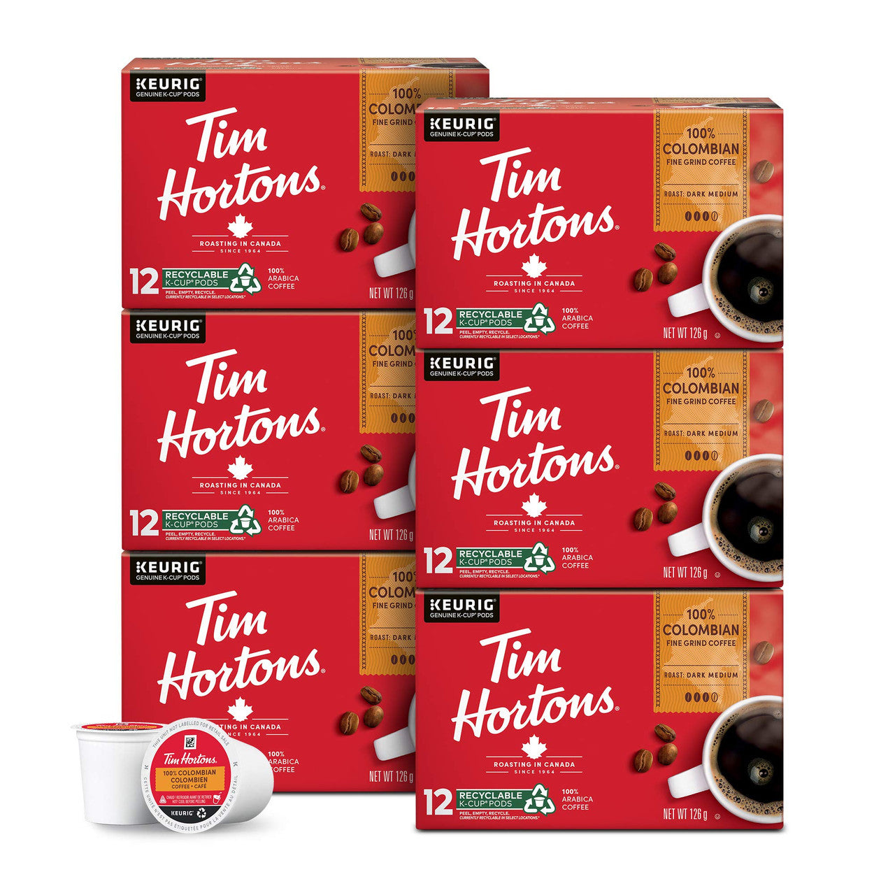 Tim Hortons 100% Dark Roast Medium Colombian Single Serve K-Cups, 72 count, {Imported from Canada}