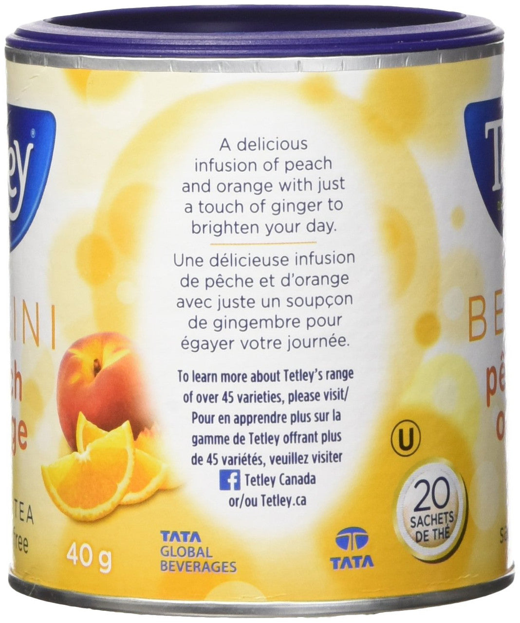 Tetley Bellini Peach Orange Herbal Tea Caffeine Free 20 Round Tea Bags