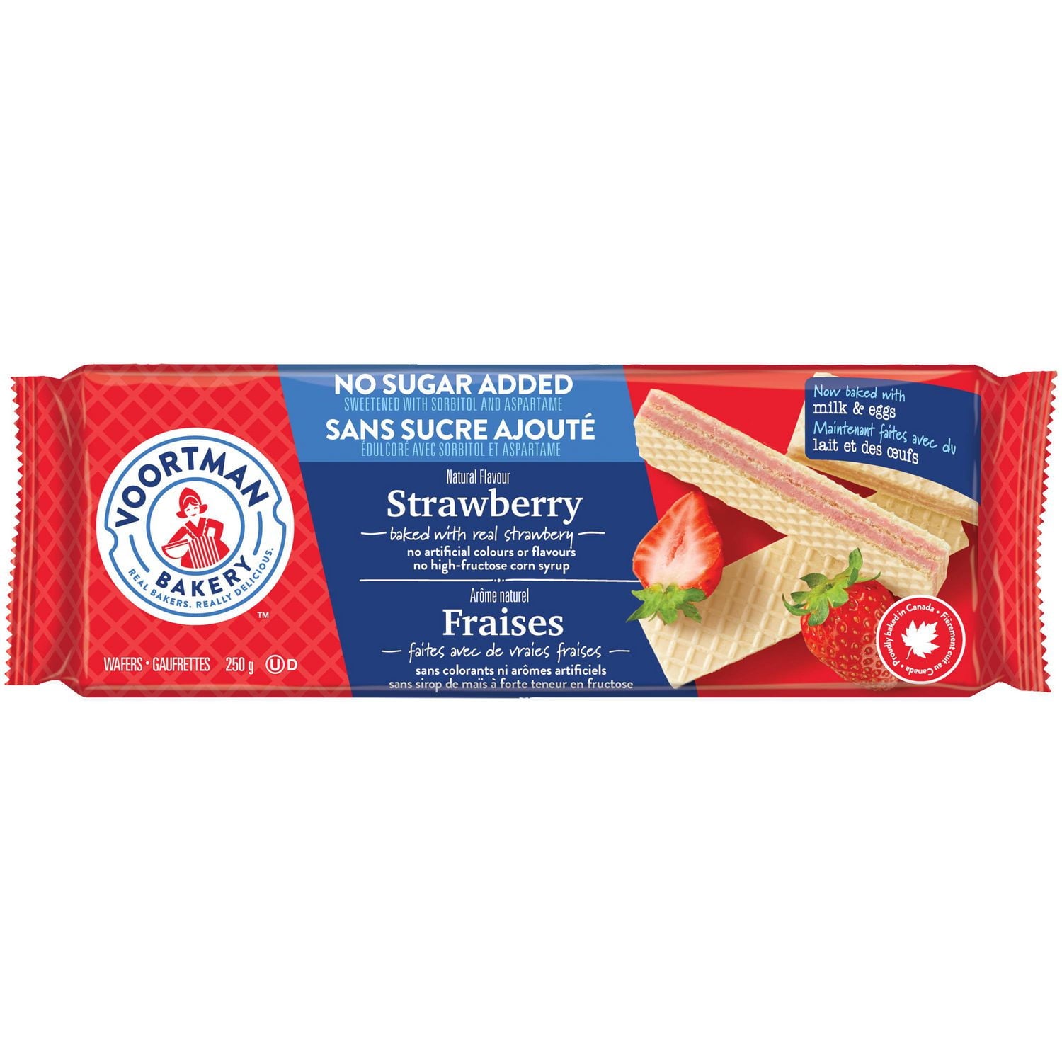 Voortman No Sugar Added Strawberry Flavored Wafers, 250g, front of package.