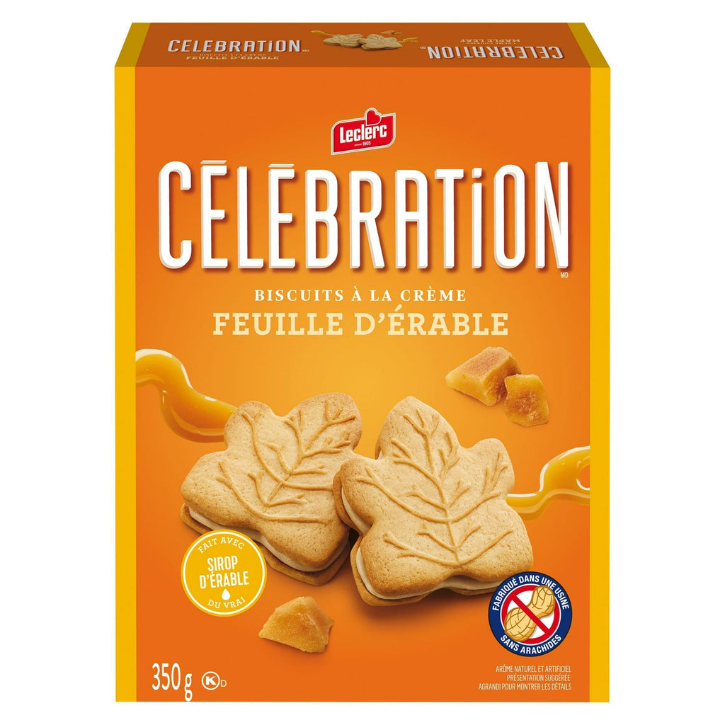 Box of Leclerc Celebration maple leaf cookies with orange background