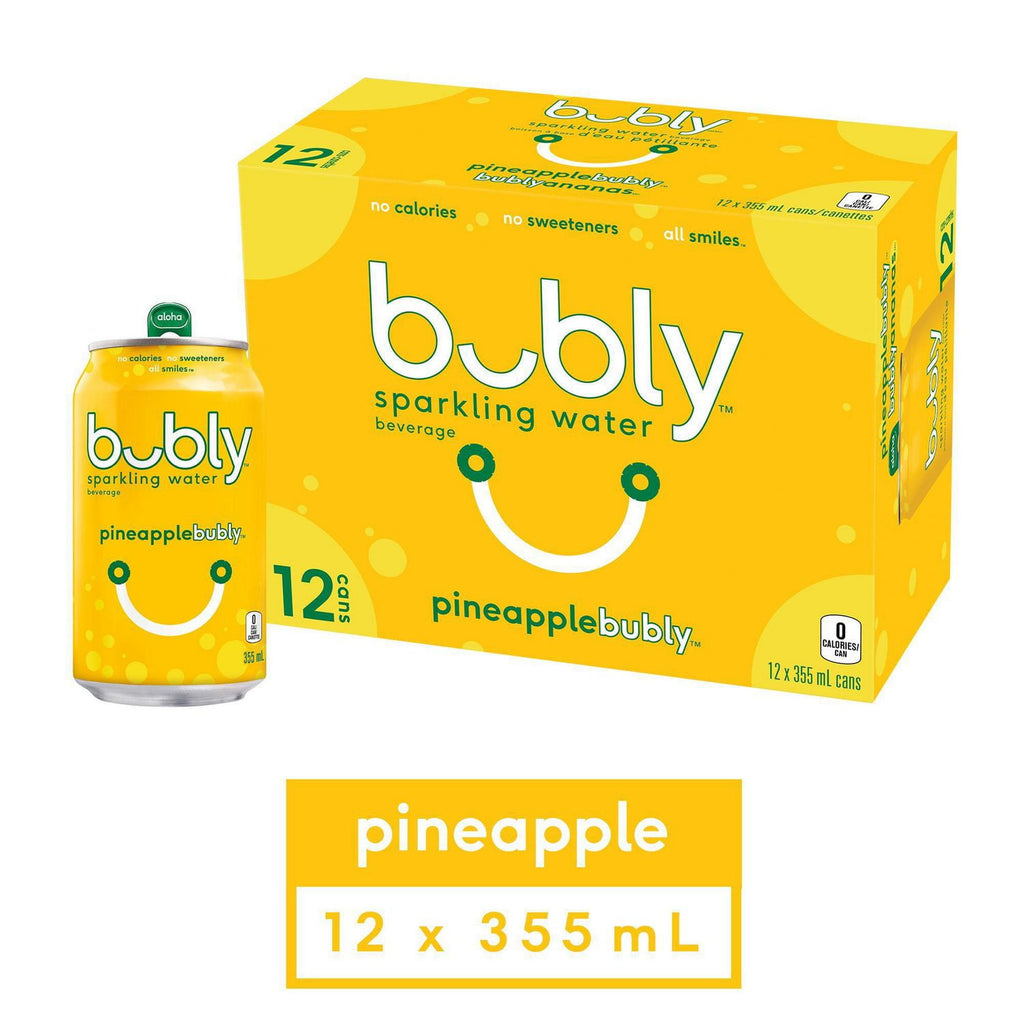 Bubly Pineapple Sparkling Water Beverage, 12x355ml cans, 4.26L/144 oz., front of package.