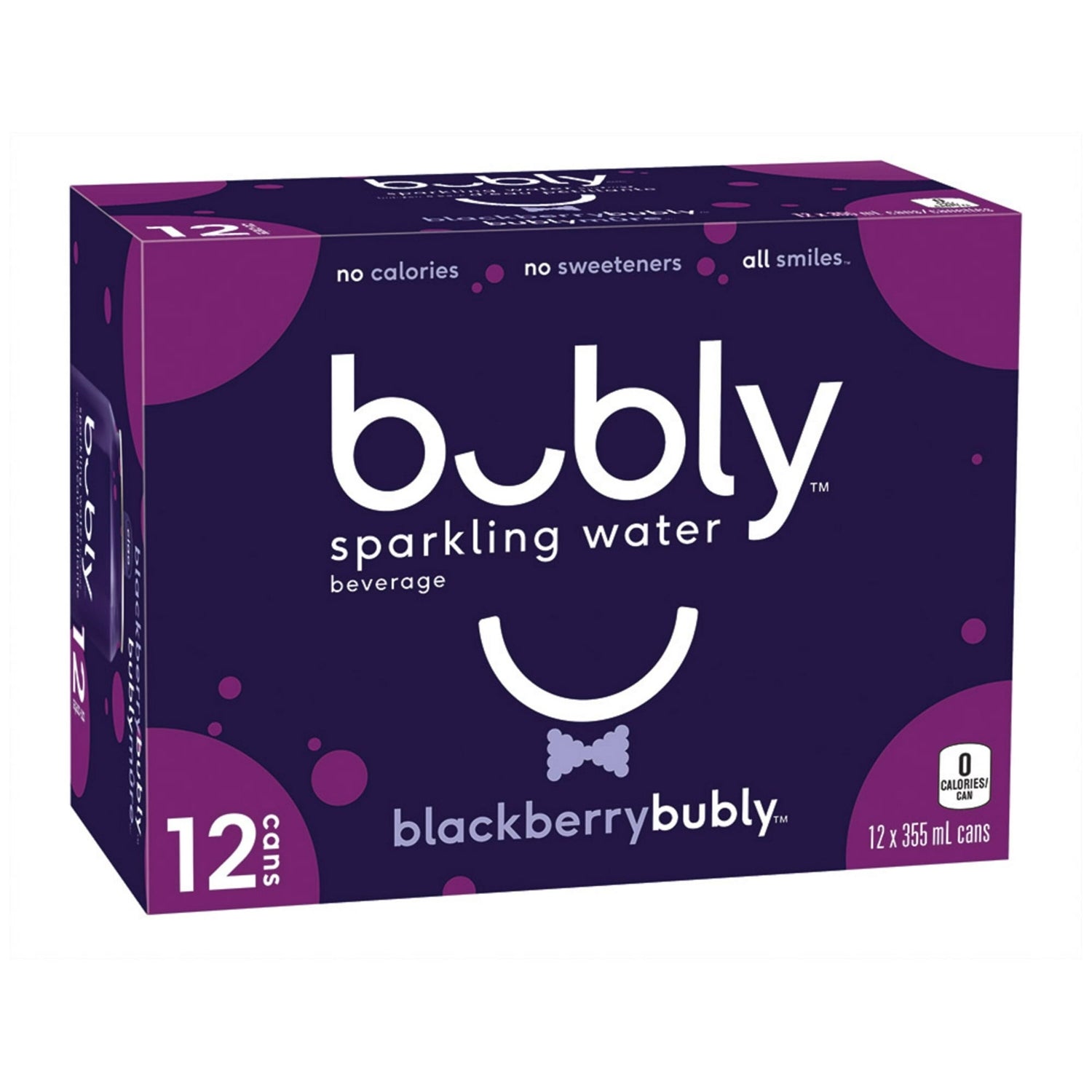 Bubly Blackberry Sparkling Water, 12x355mL cans, angled view